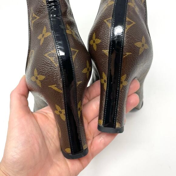 Louis Vuitton Monogram Revival Heel Ankle Boots Canvas Leather Brown Black EU 37 - Picture 7 of 14